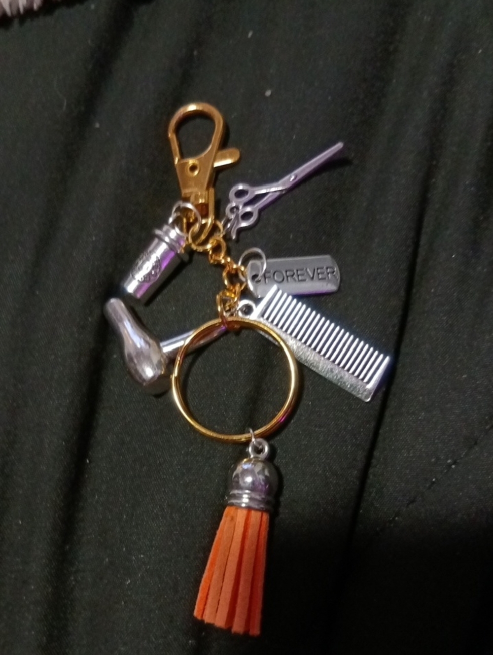CUSTOM Hair Stylist Charm Keyring with Orange Tassel